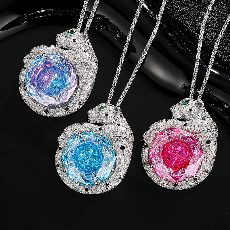 新款热卖庄生生珠宝仿真玫瑰切海蓝色复古豹子吊坠项链主石18mm详情7