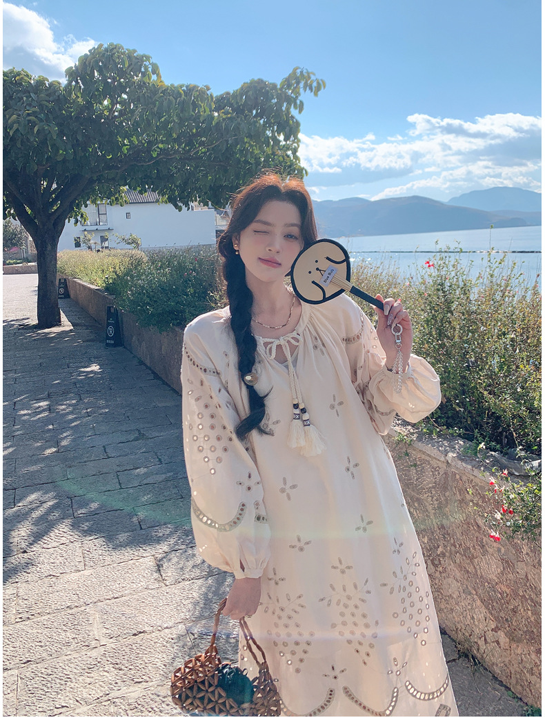 Real photo of a retro, gentle, cut-out embroidered V-neck apricot-colored dress, 2025 new seaside vacation style long-sleeved umbrella dress pic 26