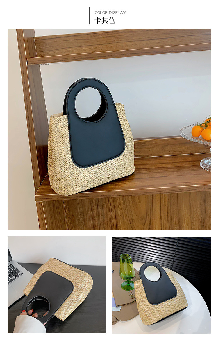 2023夏季复古撞色拼接草编包大容量手工编织包简约时尚单肩手提包详情19
