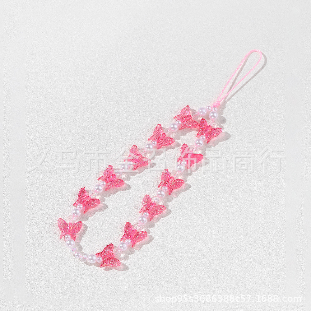 Amazon mobile phone chain crystal pearl butterfly mobile phone pendant, diy handmade beaded resin mobile phone lanyard for women pic 3
