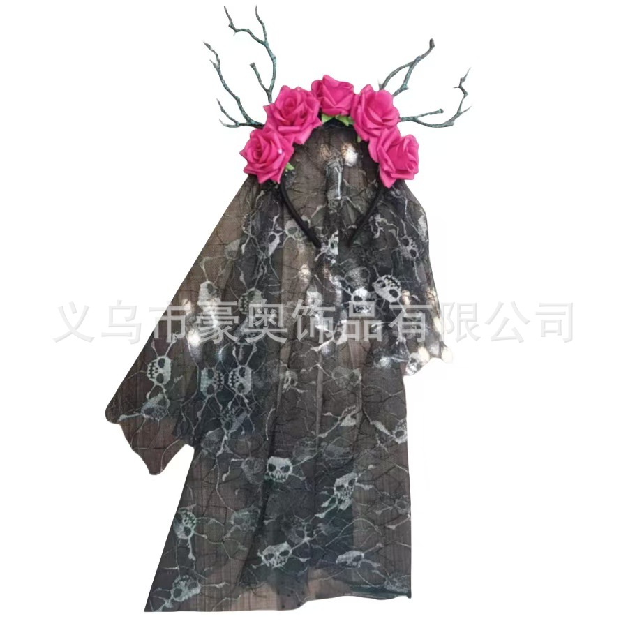 新款万圣节男女款万圣节网纱骷髅头发箍 亡灵节仿真花黑蜘蛛头箍详情1