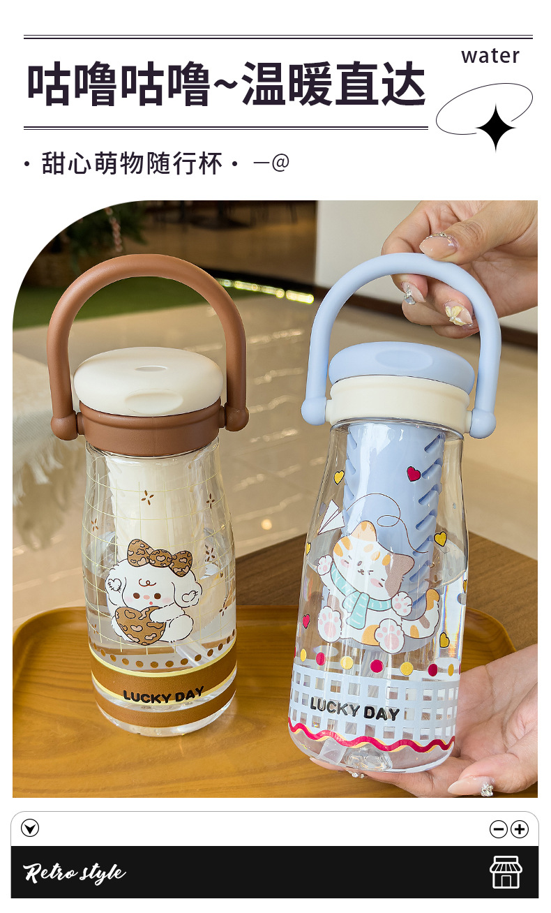 可爱卡通儿童吸管杯学生户外郊游便携随行杯情侣茶水分离塑料水杯 pic 1