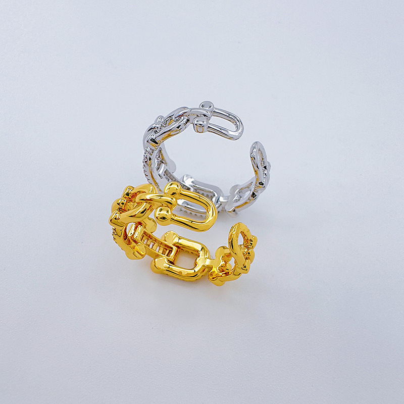 Bergamota nuevo anillo chapado en oro real calado simple europeo y americano anillo abierto hebilla de herradura personalidad hebilla de anillo versátil pic 9