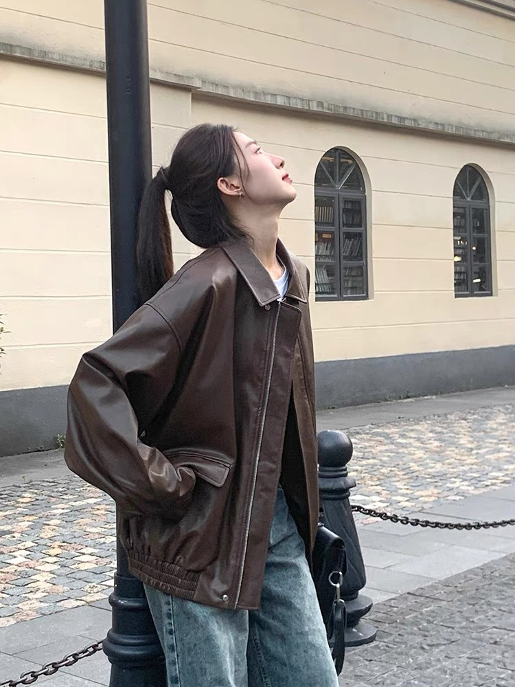 复古棕色皮衣女短款2024春秋季小个子韩版宽松皮夹克帅气机车外套详情9