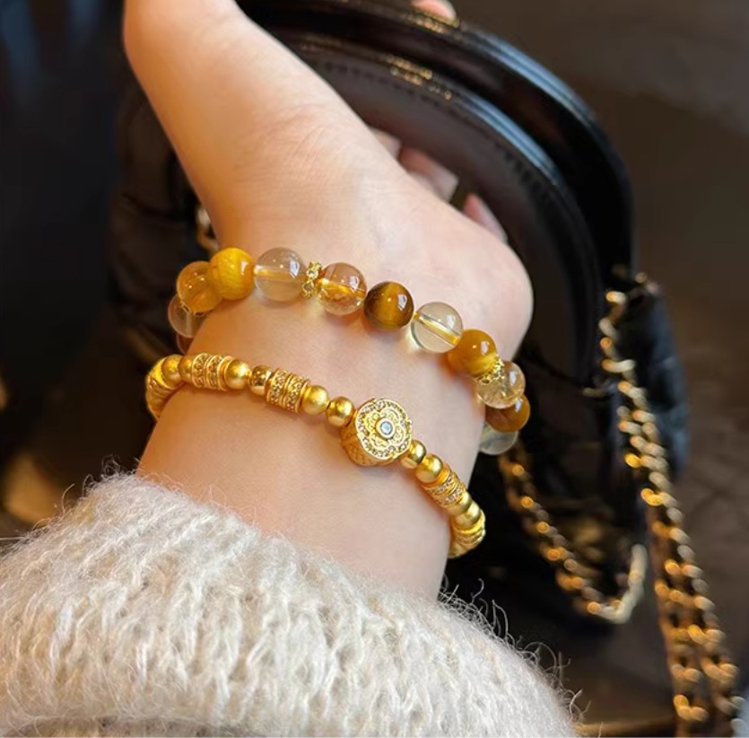 金发晶黄水晶手链黄虎眼石小众设计感黄镂空绣球手串闺蜜生日礼物详情17