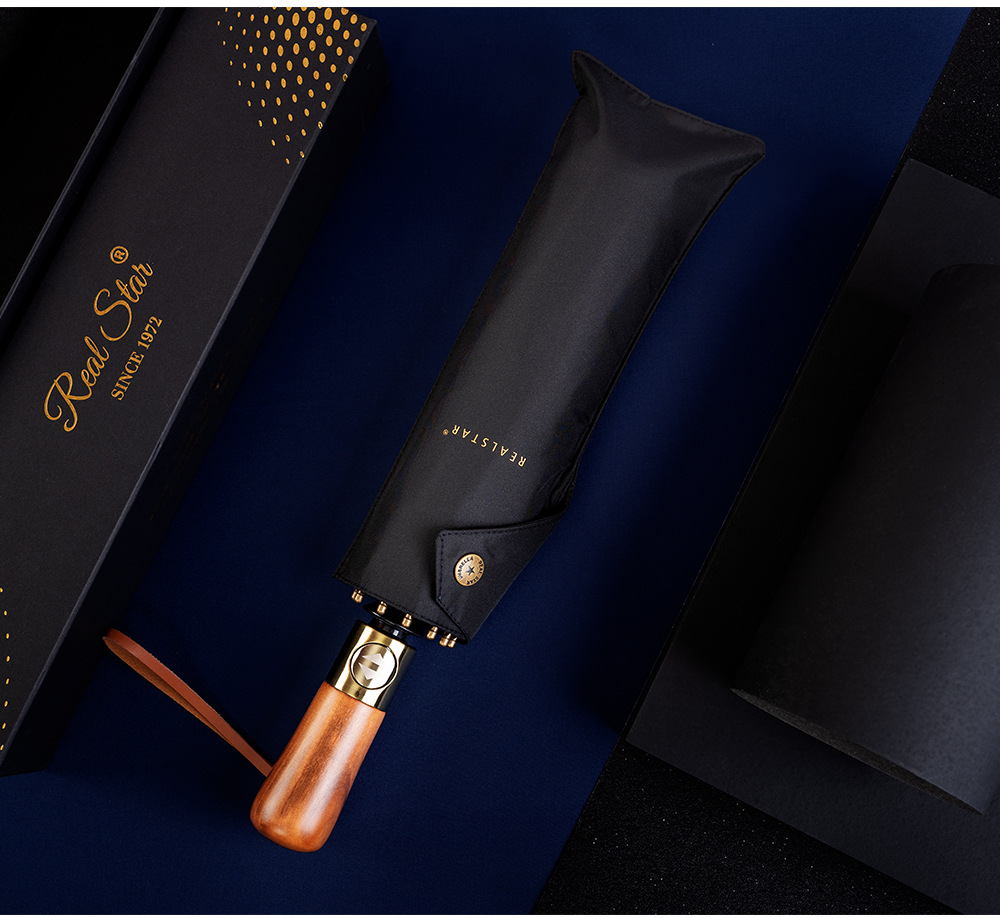 【新品】可印刷logo礼品伞25寸10骨自动三折伞实木手柄商务广告伞详情21