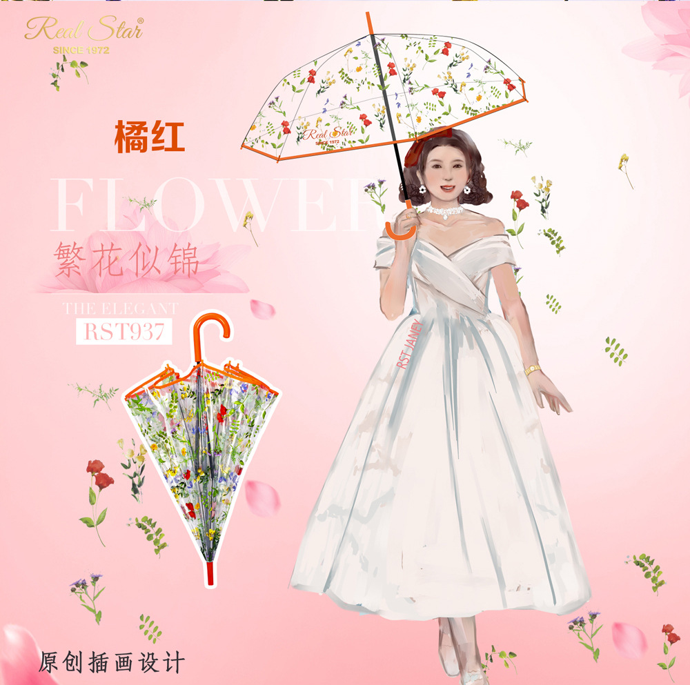 RST新品透明伞带图案富贵花朵成人塑料雨伞批发自动开彩色印刷伞详情13