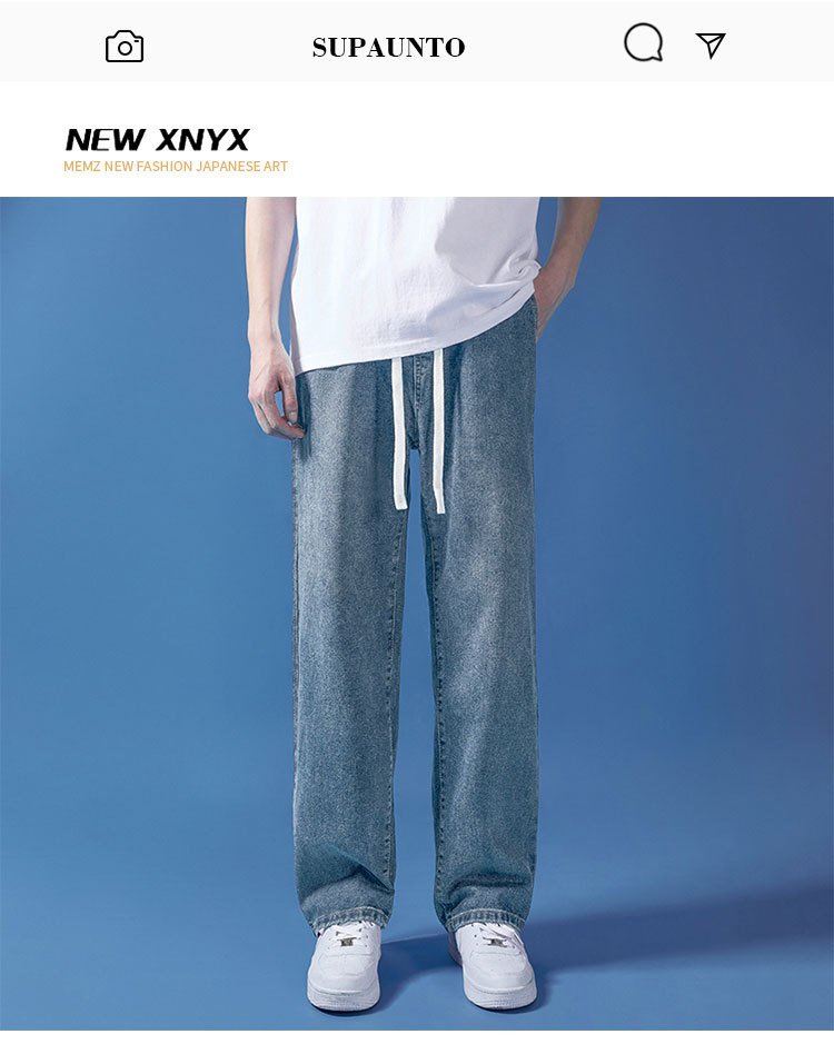 阔腿牛仔裤男夏季韩版原宿风休闲简约潮流ins宽松抽绳直筒长裤子详情1