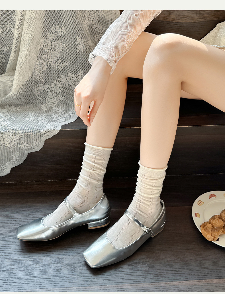 White hollowed-out glass fiber mid-calf socks, Korean-style chic ultra-thin summer pile-up socks, ballet-style Lolita girl pic 9