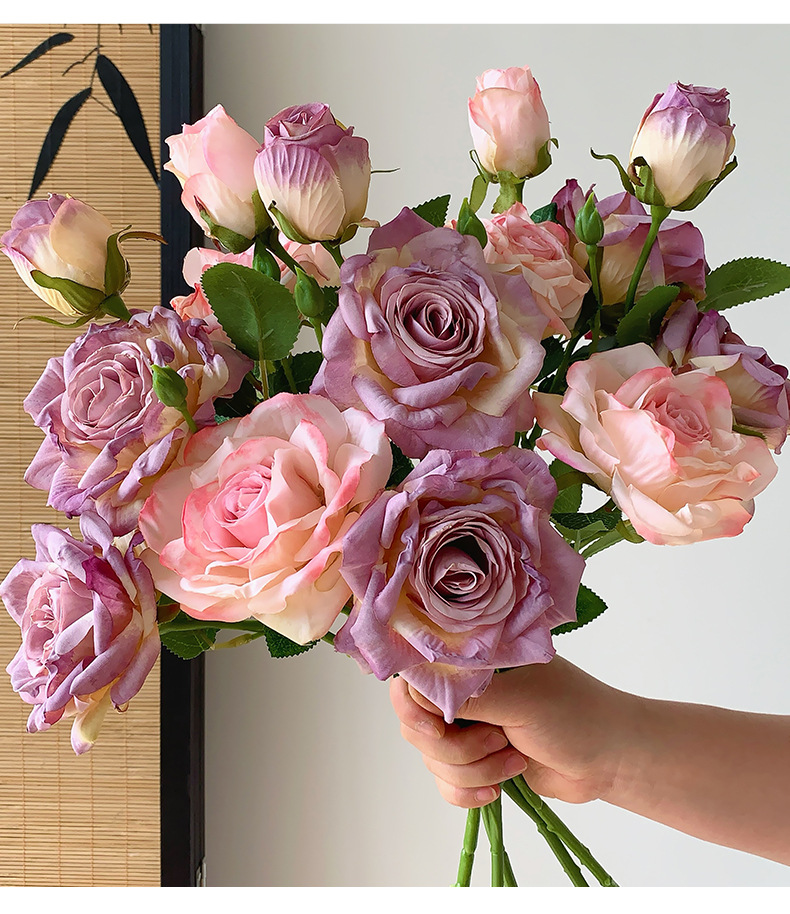 法式油画焦边3头玫瑰花仿真花干花假花花束摆设客厅装饰拍照道具详情18