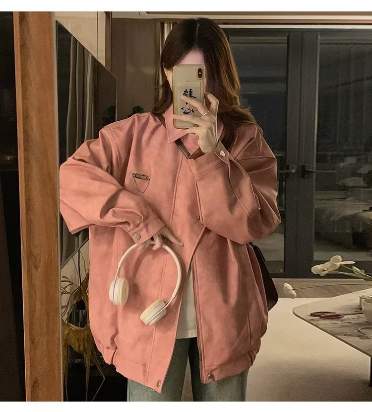 美式复古翻领外套女chic春秋潮流休闲宽松设计感PU皮学生夹克上衣详情8