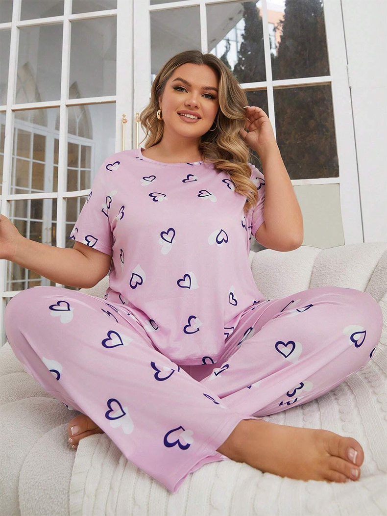 跨境秋冬季大码睡衣女爱心印花圆领短袖长裤欧美家居服套装Pajama详情7