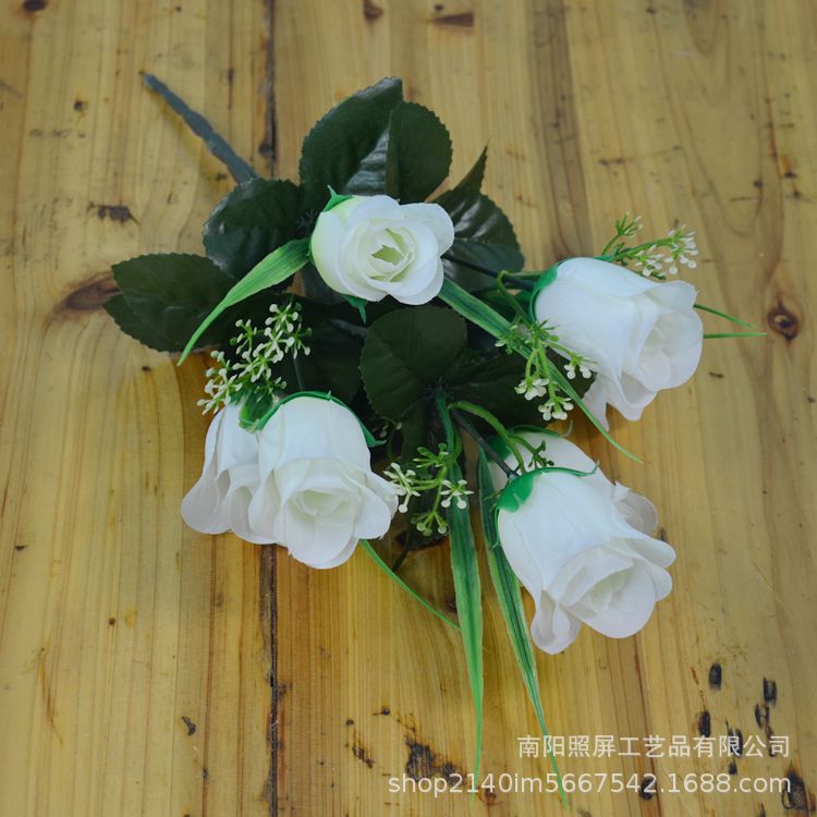 照屏仿真花厂家批发仿真玫瑰花仿真绢花七头春蕾把花小假花花束详情10