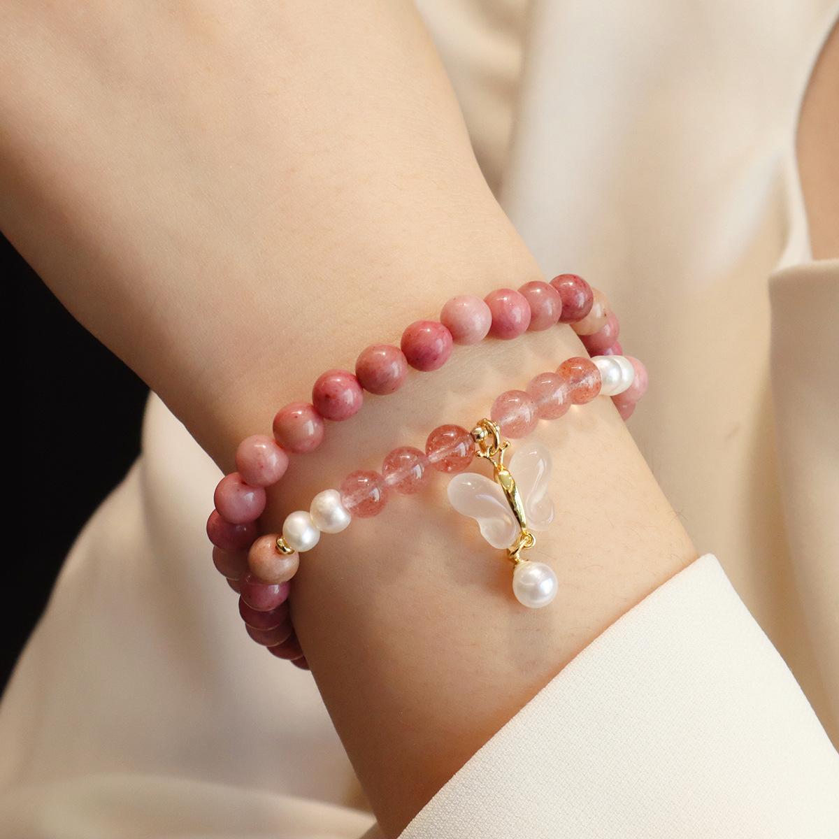 红纹石手链天然淡水珍珠玉髓高级感天然石手串女平安扣星星设计详情24