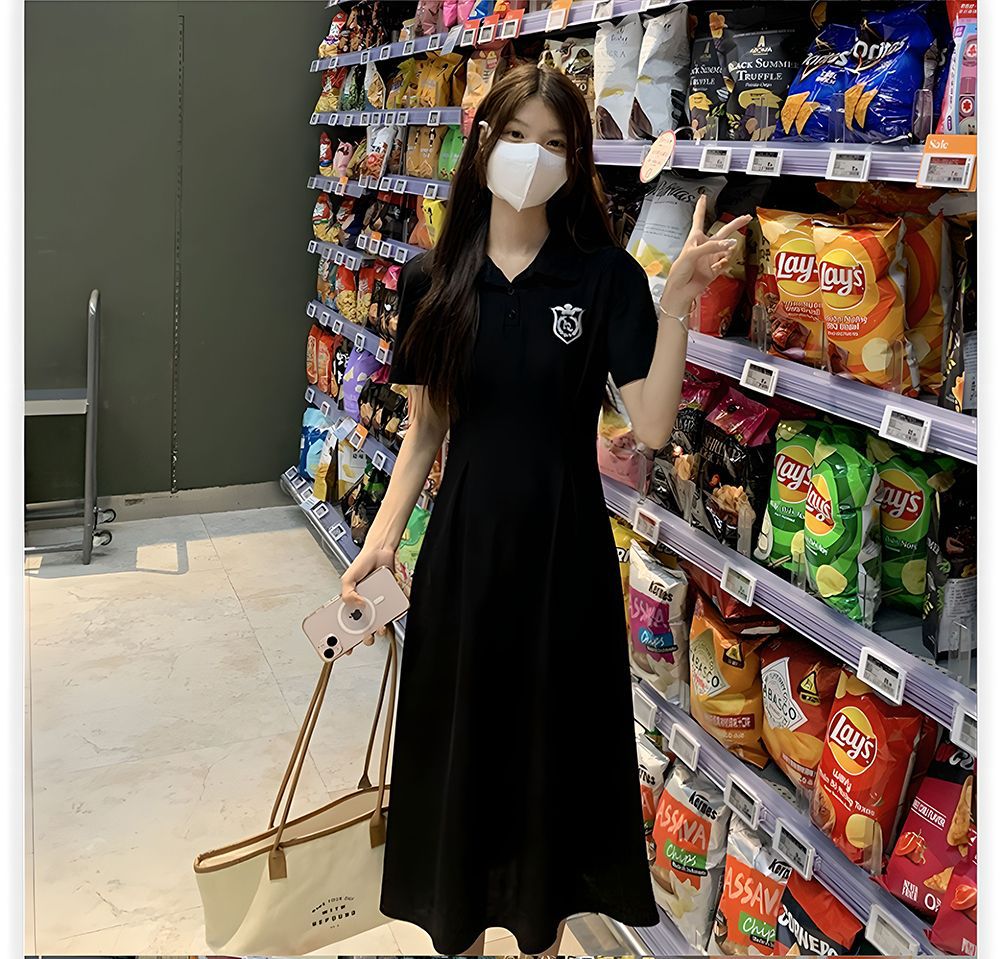 夏季POLO领短袖连衣裙女收腰显瘦过膝长裙学院风中长款休闲A字裙详情25