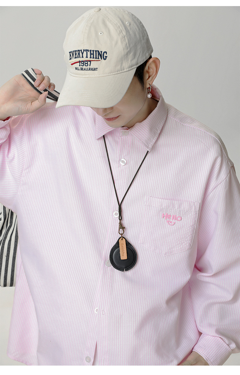 口袋立体刺绣长袖衬衫男春夏新款撞色竖条纹日系宽松情侣衬衣外套详情9