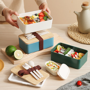 Japanese-style bamboo and wood lid double-layer plastic lunch box, microwave portable lunch box set, student and office worker lunch box pic 19