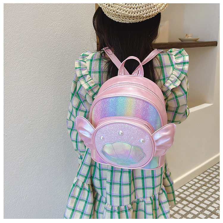 Rainbow gradient sequin backpack, pearl shell pattern, pink bow, outdoor hiking canvas schoolbag, lightweight and durable pic 21