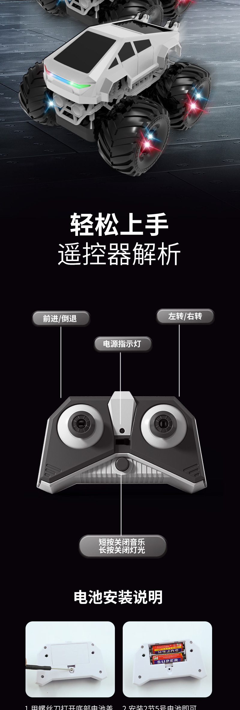跨境大轮越野攀爬车赛博带灯光仿真特技遥控车男孩遥控汽车玩具详情3