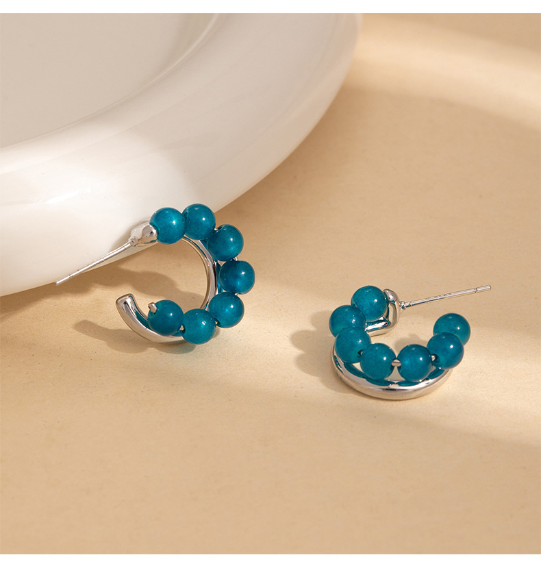 Retro ins style, niche, fair and high-end, versatile earrings, Caucasian green double-ring natural stone beaded earrings for women pic 30