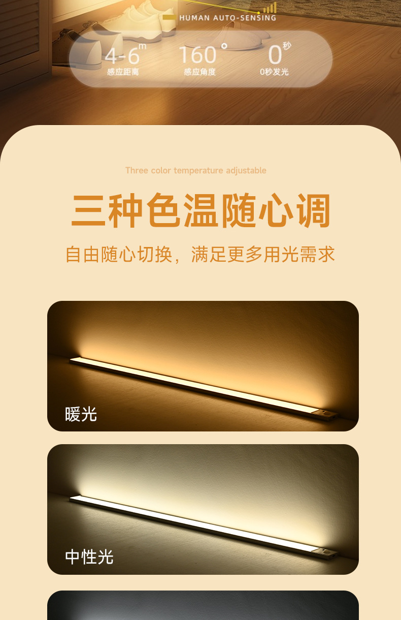 LED橱柜灯带充电式智能人体感应厨房照明衣柜子灯条磁吸无线自粘详情9