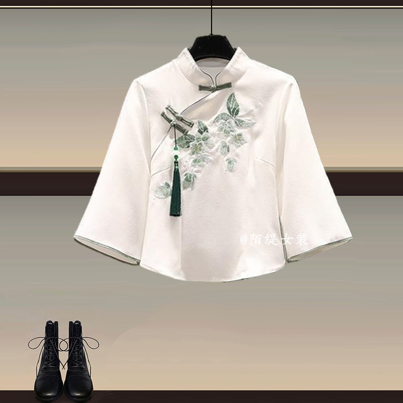 国潮黁白薄荷绿新中式古风连衣裙女夏季新款风汉服上衣马面裙套装详情13