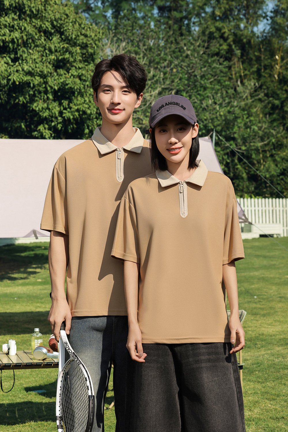 半拉链撞色polo衫工作服定制落肩翻领短袖刺绣学院风个性班服印字详情23