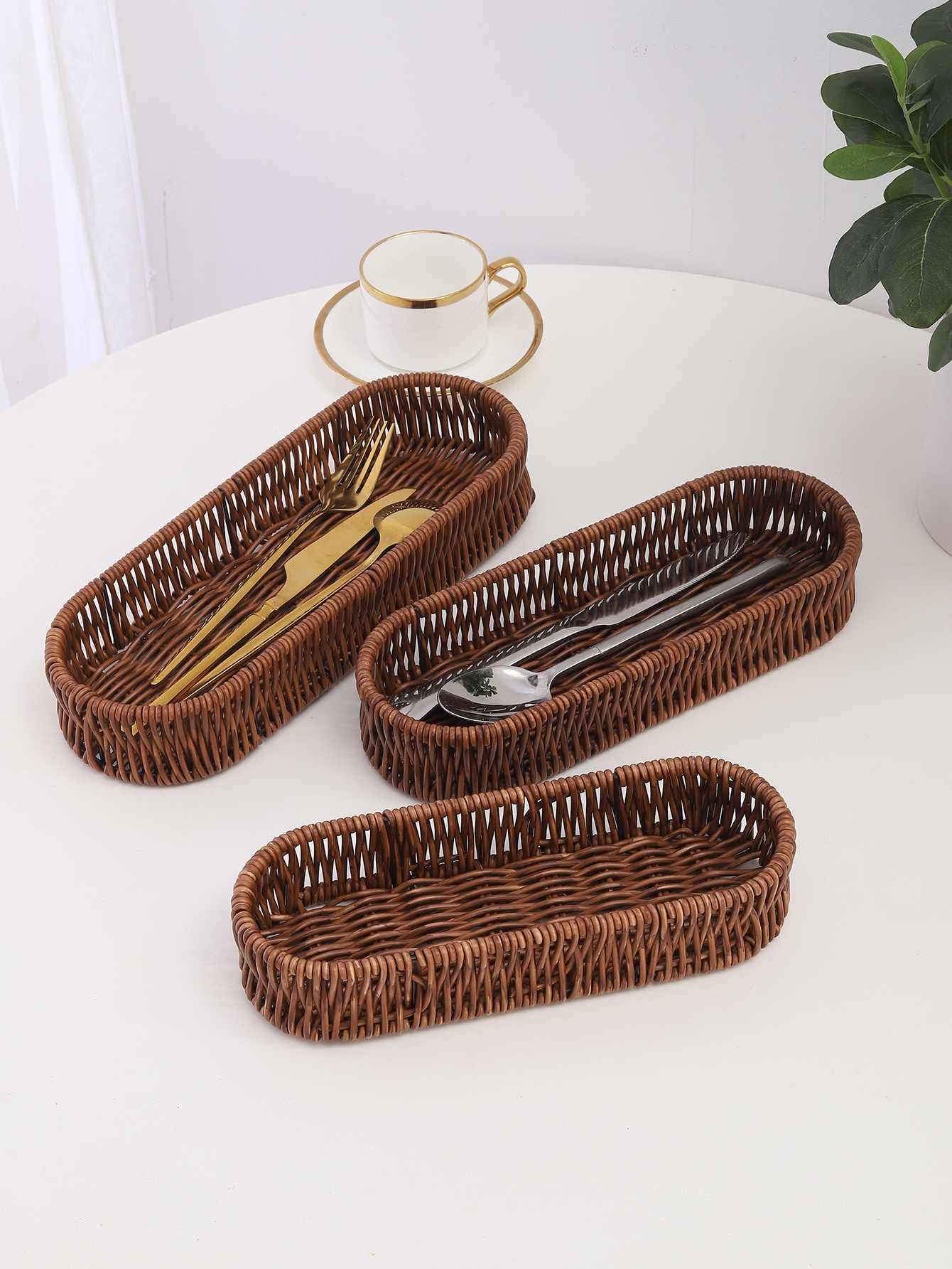 简约藤编刀叉勺收纳篮椭圆形方形家用收纳篮详情5
