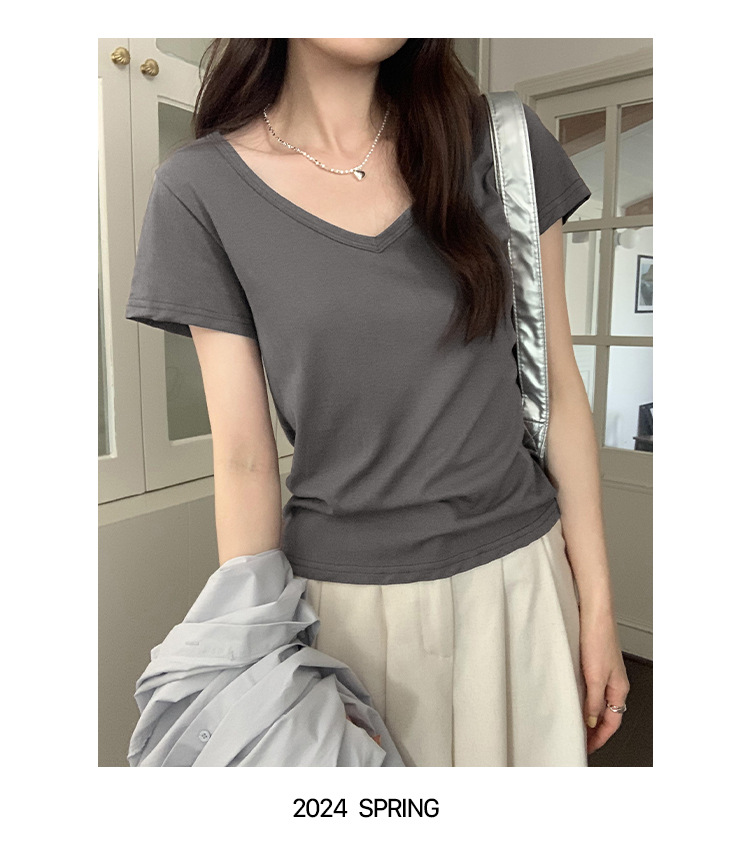 简约百搭V领纯色休闲短袖T恤女2024夏季新款轻薄透气宽松显瘦上衣详情25