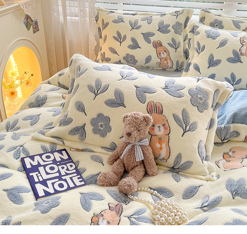 Winter milk fleece four-piece set, thickened coral fleece bed sheet, flannel bedding three-piece set, fleece duvet cover autumn pic 9