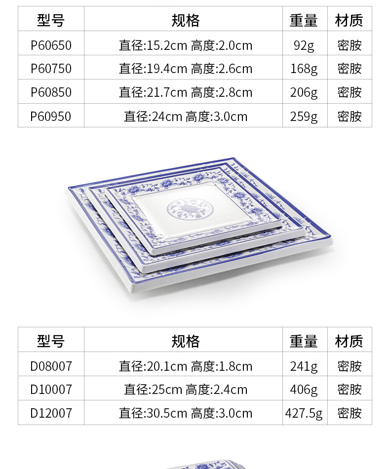 密胺青花瓷盘子餐厅饭店炒菜盘快餐四方盘炒粉盘中式商用塑料餐具详情9