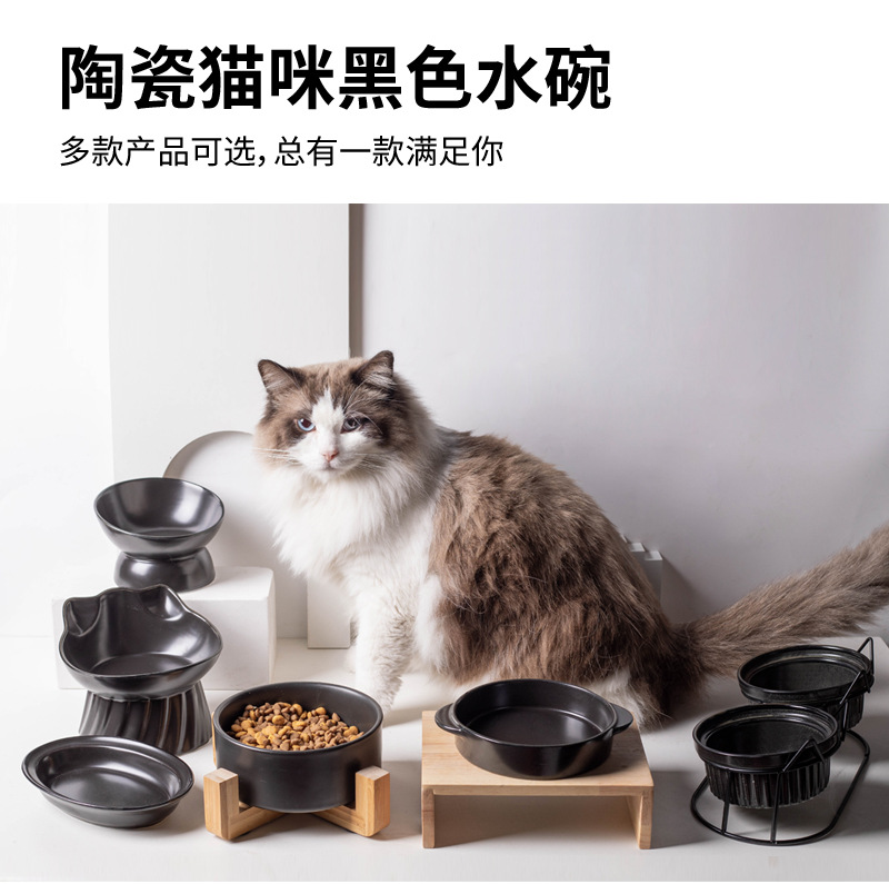 Customized black cat bowl, ceramic drinking bowl, double-bowl ceramic food bowl, dog bowl, cat wooden frame bowl, anti-knock pet bowl pic 3