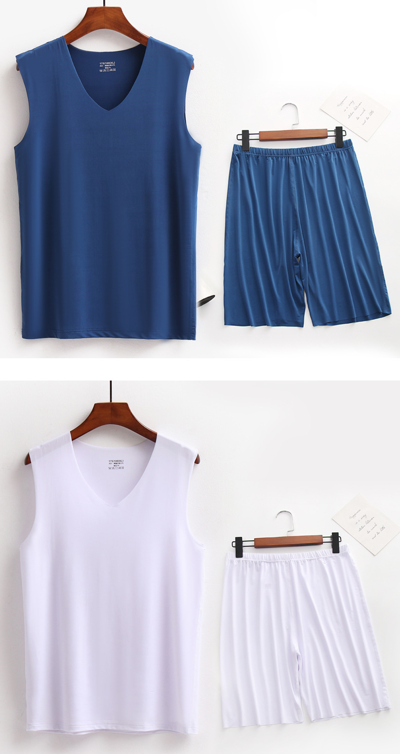 液态冰丝光丝滑无痕男士宽肩V领背心睡衣睡裤套装五分短裤家居服详情9