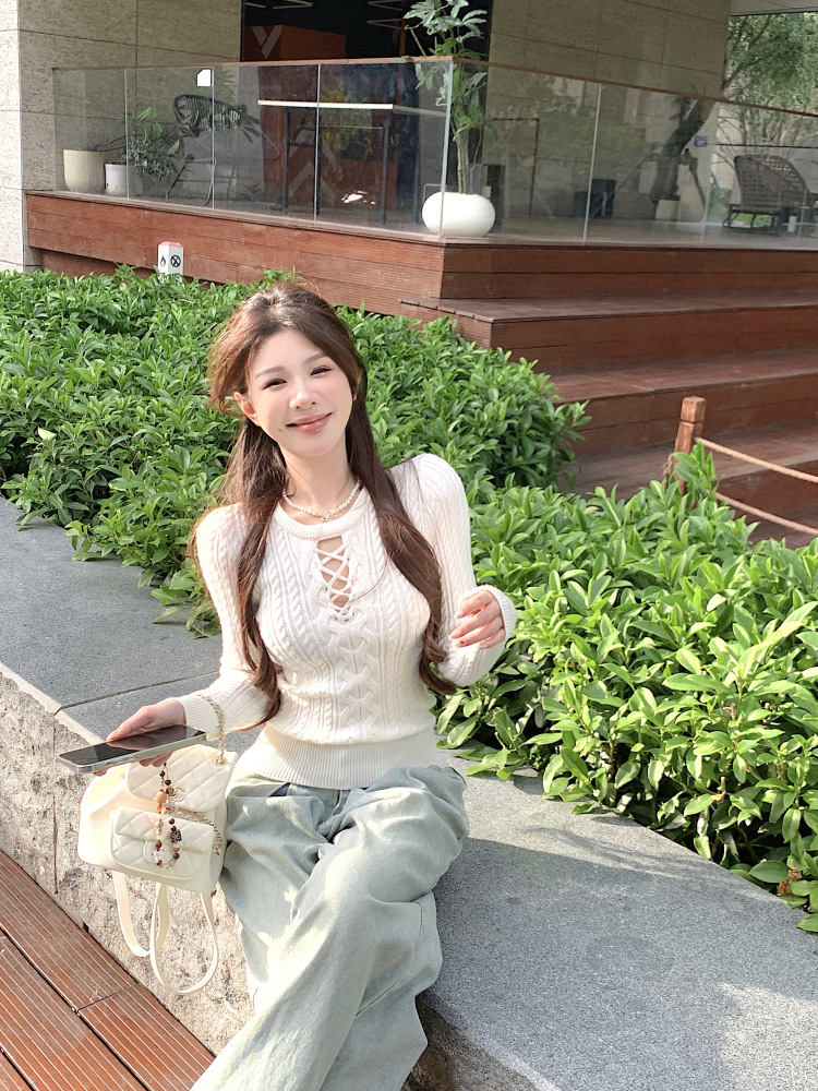 白色圆领镂空针织衫女秋冬修身长袖麻花毛衣打底内搭辣妹紧身上衣详情34