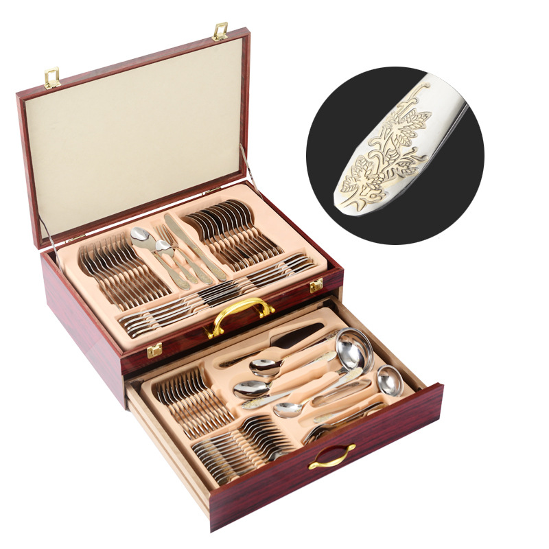 72-piece Western tableware set, 84-piece set, gold-plated Gong Yan stainless steel knife, fork and spoon gift box, wooden box pic 21