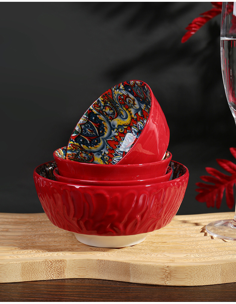 波西米亚风深红波异域釉下彩盘子手柄盘饭碗树纹汤碗陶瓷餐具套装详情7