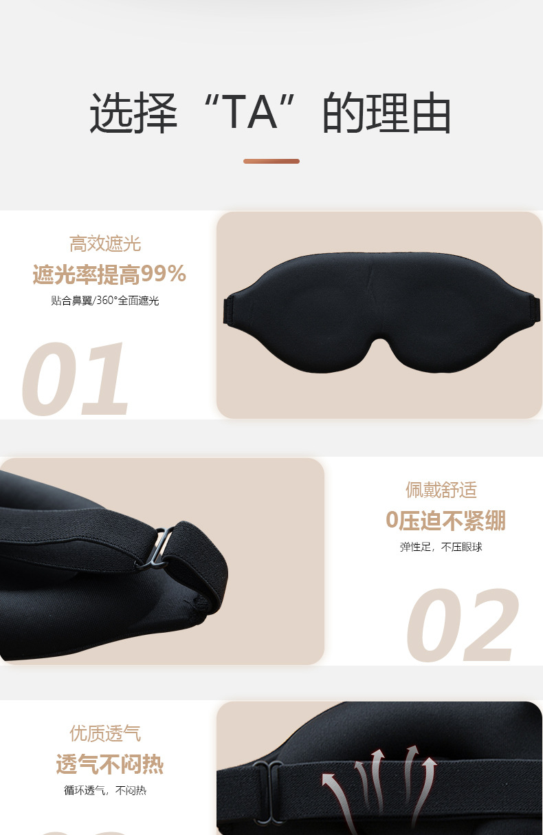 厂家生产3D眼罩遮光非慢回弹午睡睡眠眼罩牛奶丝面料柔软舒服面料详情9
