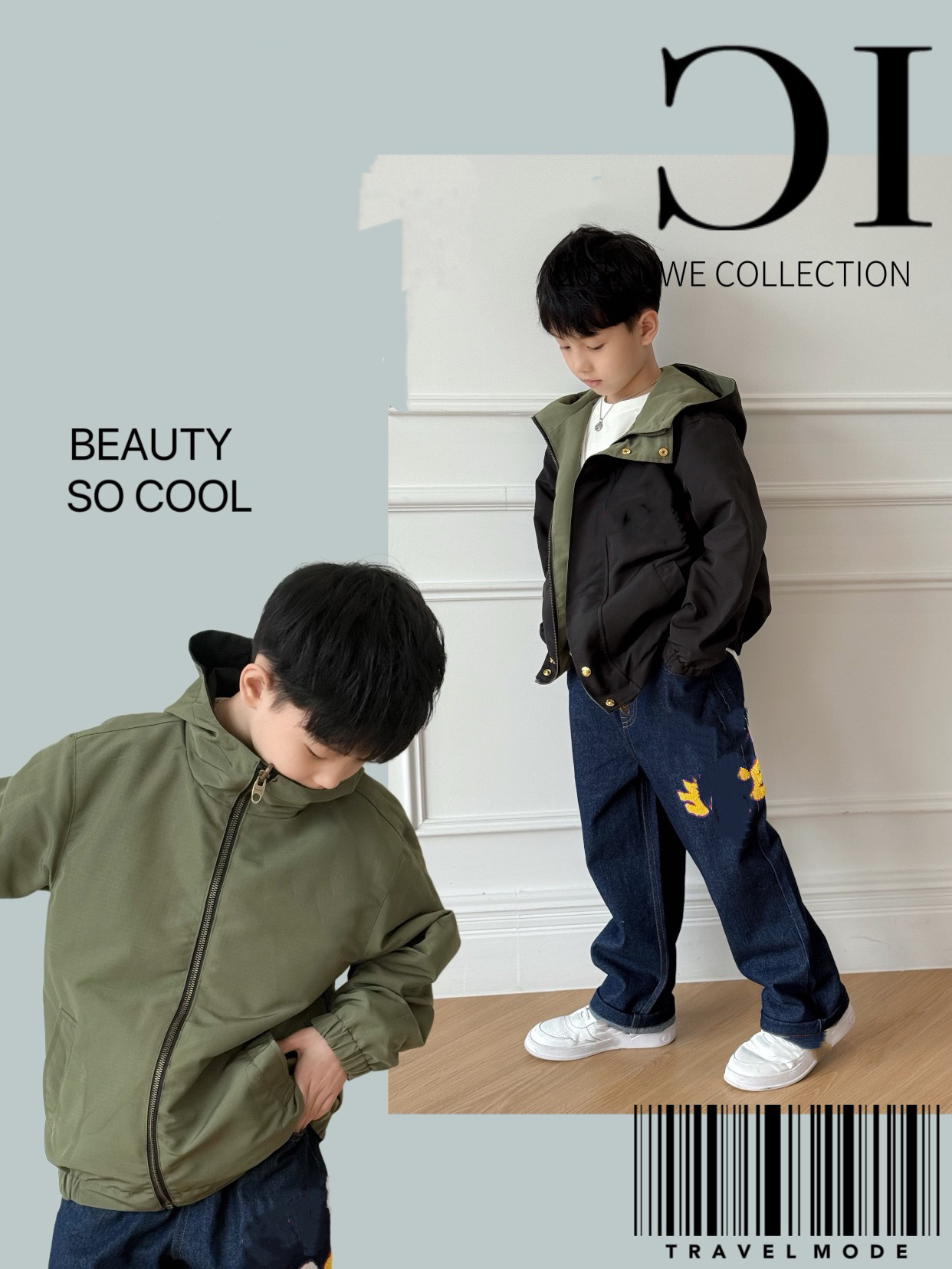 25春季新款GG儿童红绿织带皮牌logo双面连帽风衣外套配牛仔裤 童套装时尚潮流童装详情6