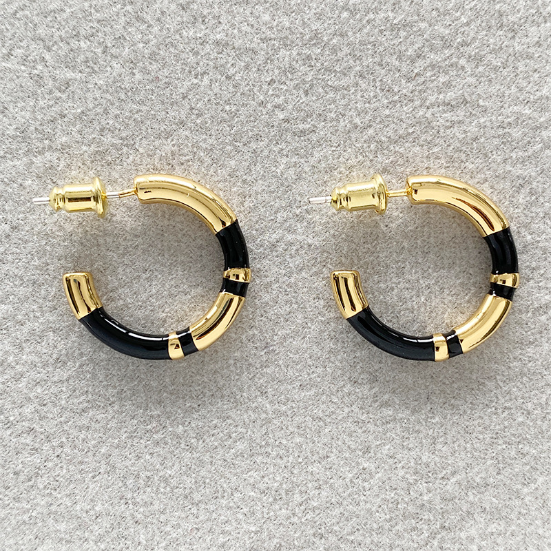 C形珐琅圈圈拼接耳环女法式轻奢小众设计感复古气质银针撞色耳圈详情35