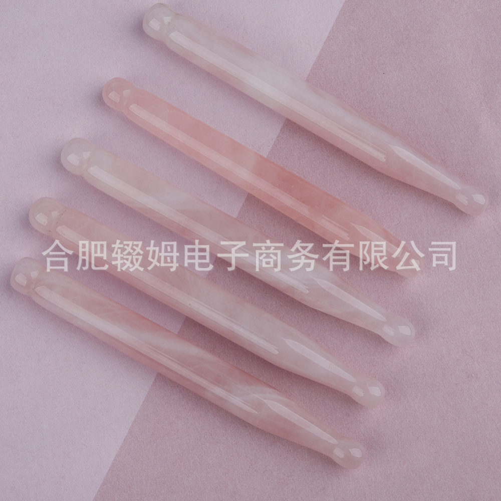 批发外贸天然粉晶玉石按摩器脸部面部刮板质感温润手工打磨穴位笔详情4