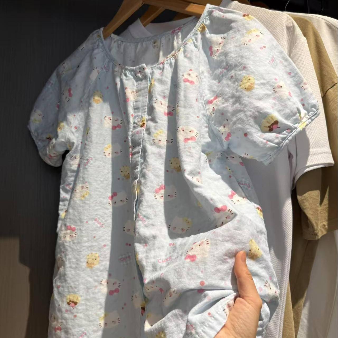 Class A all-cotton double-layer yarn round-neck pajamas, short sleeves, long sleeves, shorts, long pants, postpartum home wear set, cartoon breathable pic 28