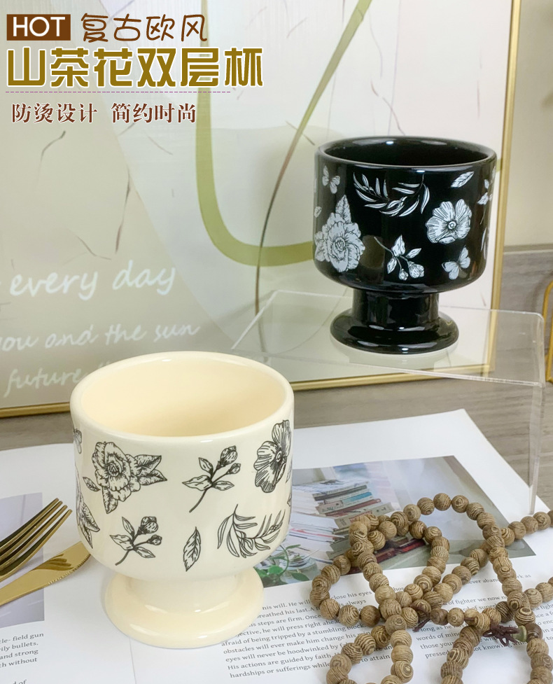 Tiffany retro camellia, European ceramic cup, candle, highball cup, high appearance level, double-layer mug, heat-resistant souvenir pic 70