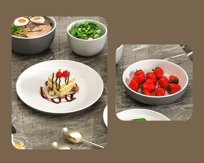 Customized two-color melamine tableware set, dinner plates, saucers, small plates, rice bowls, noodle bowls, soup bowls, fast food pic 5
