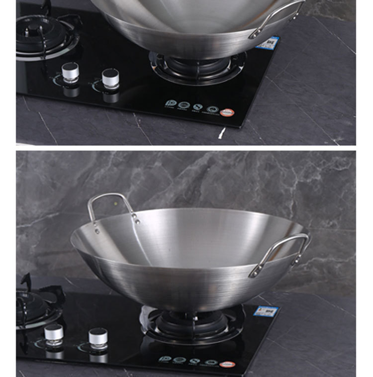 Cross-border hotel chef-specific wok, stainless steel wok, uncoated, double ears, single handle, household wok bowl, roadside hot pot pic 20