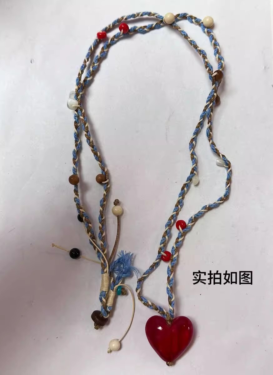 复古老琉璃彩绳编织红色爱心天然石吊坠项链女士长款毛衣链多巴胺详情3