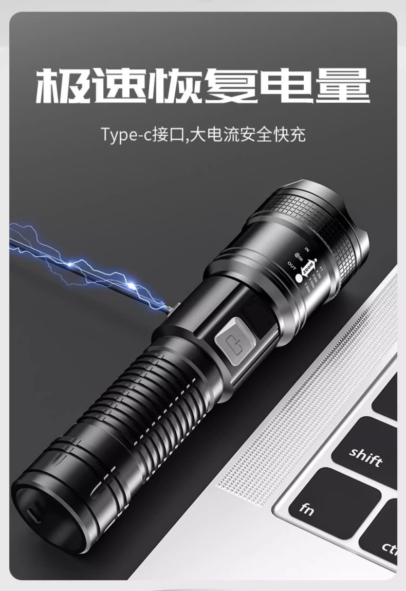 爆款户外强光手电筒多功能变焦便携快充手电超亮远射长续航手电筒详情12