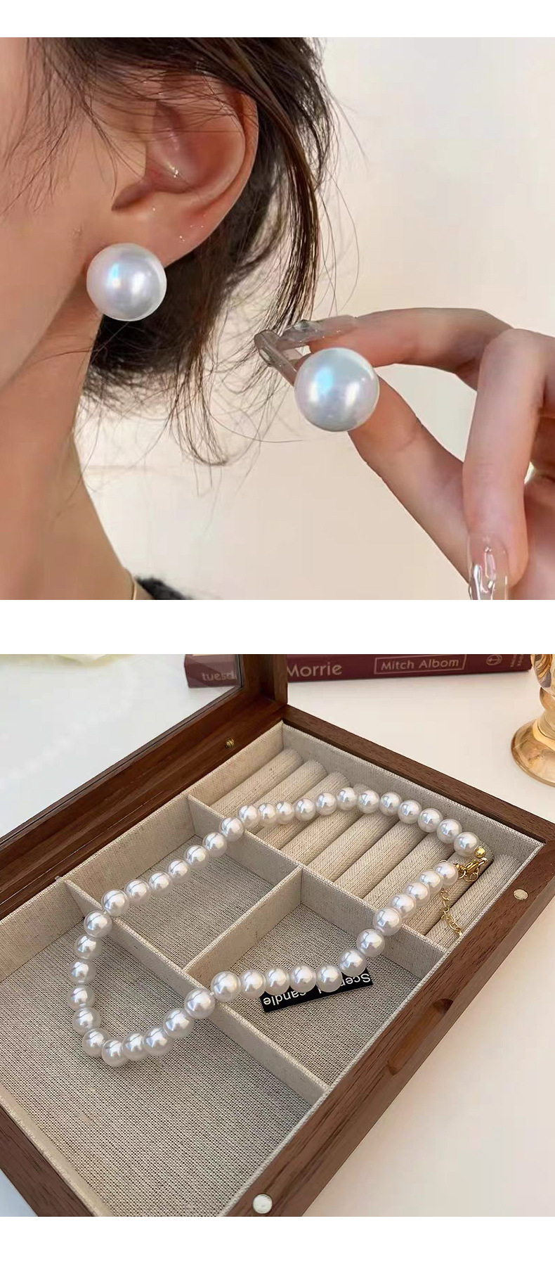 The popular Hepburn style French style high-end large pearl stud earrings on Xiaohongshu are simple and niche necklaces for autumn and winter pic 56