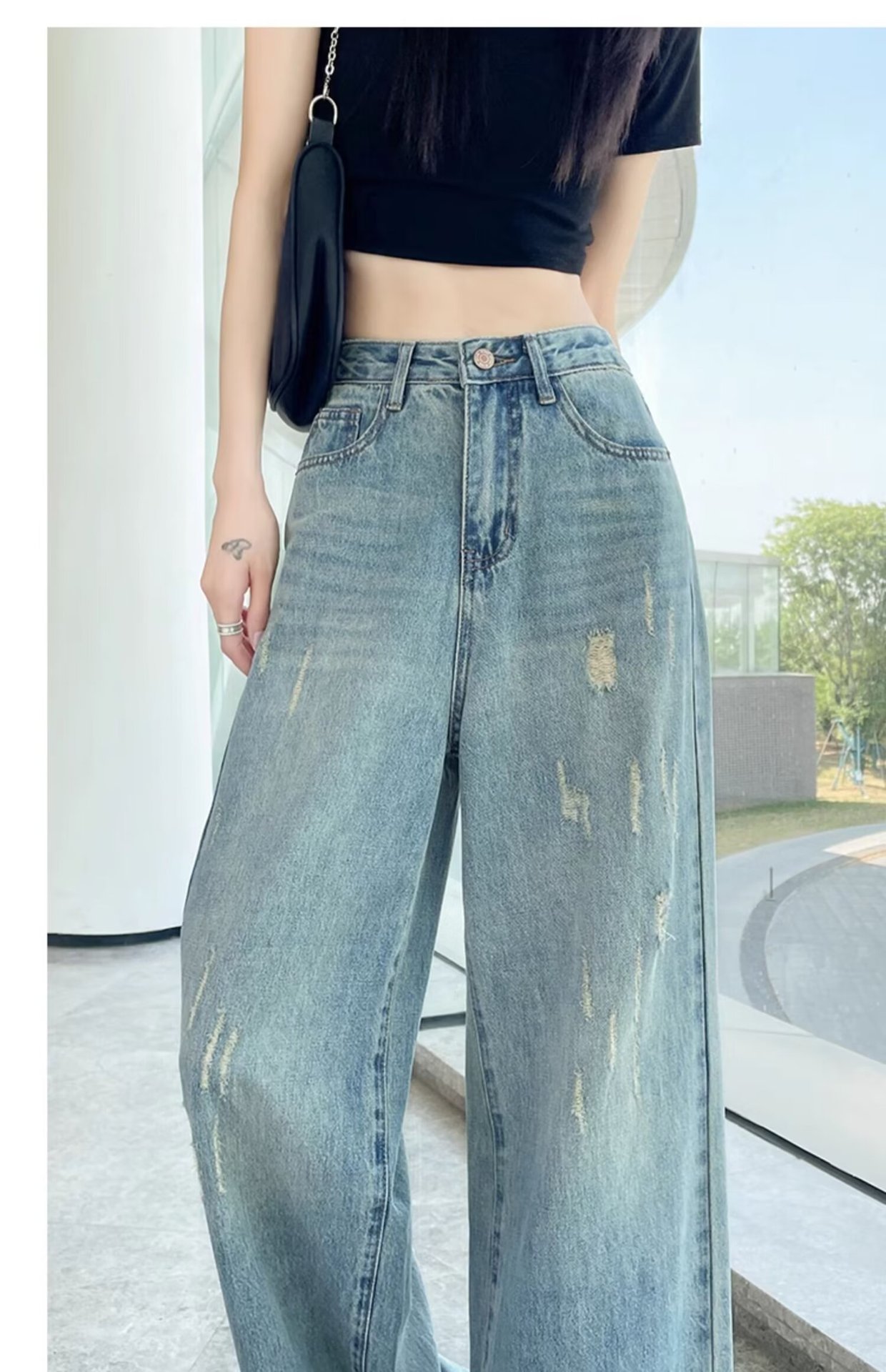 大码复古水洗磨白牛仔裤女春秋新款高腰胖mm宽松显瘦阔腿拖地裤子详情25