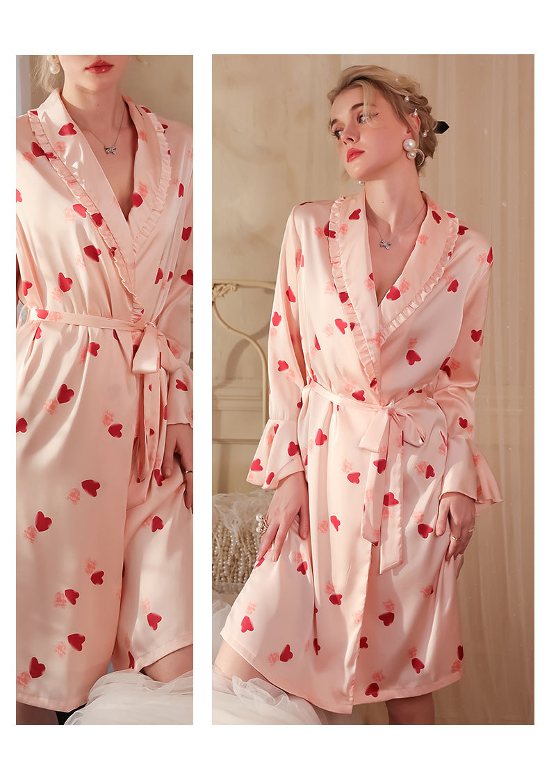 Home pink and tender ice silk pajamas, heart-shaped satin bathrobes, home wear, bride and bridesmaid group morning gowns, 529 V-neck, can be worn outside pic 11