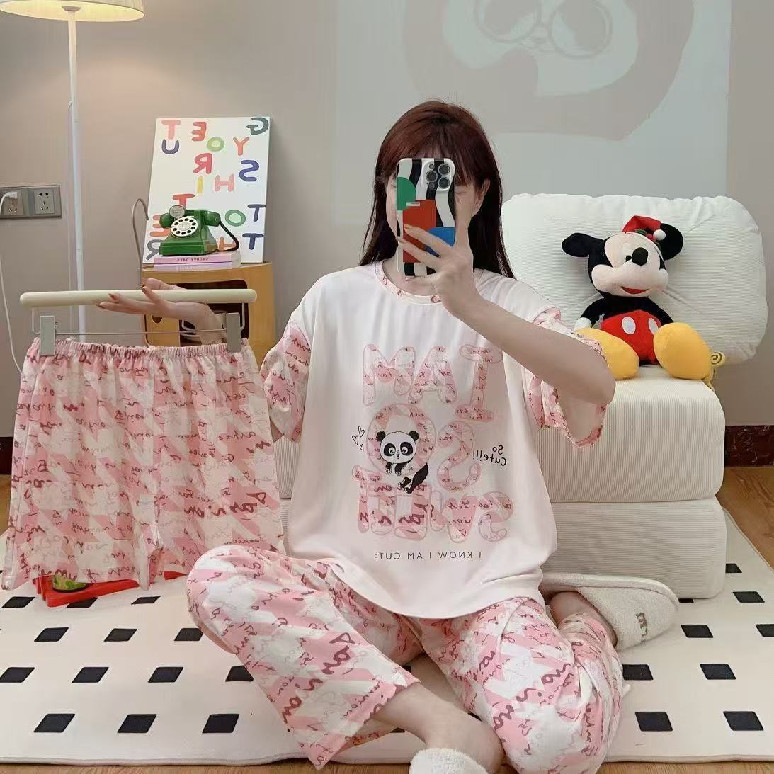 pajamas外贸工厂批发卡通夏季睡衣女短袖大码长裤三件套家居套装详情45